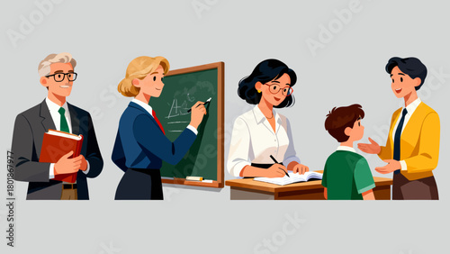 A collection of professional figures such as teachers, professors and lecturers, with cartoon hand-drawn vector illustrations