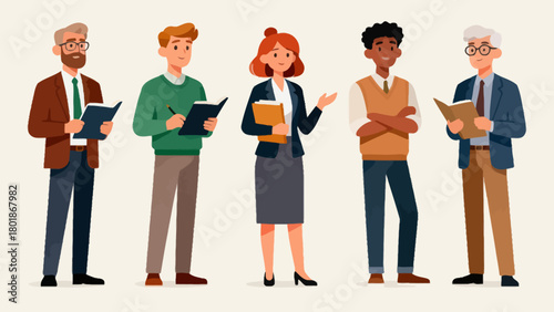 A collection of professional figures such as teachers, professors and lecturers, with cartoon hand-drawn vector illustrations