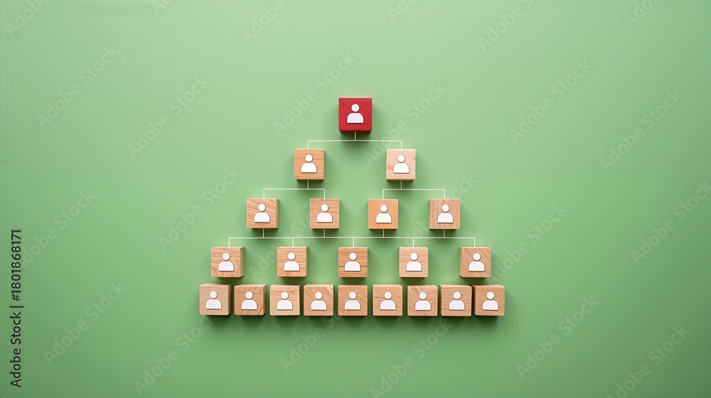 Obraz premium a pyramid diagram, made up of blocks, with a red block at the top representing leadership, set against a green background