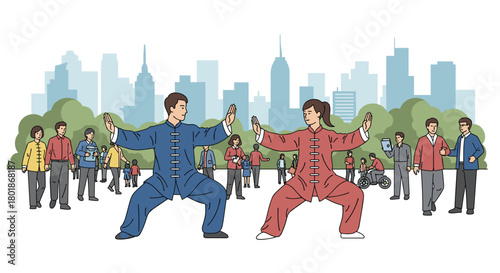 Dynamic duo practice Tai Chi in urban park, inspiring serene mindfulness amidst bustling city life and diverse onlookers