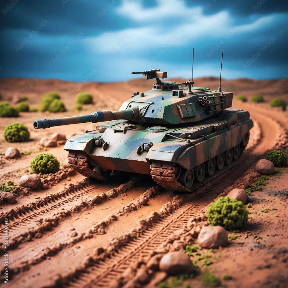 Fototapeta premium Military tank on a muddy road