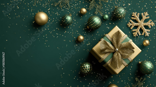 Festive gift box and ornaments: A beautifully arranged gift box adorned with a delicate ribbon and surrounded by shimmering ornaments, creating a sense of joy and anticipation.