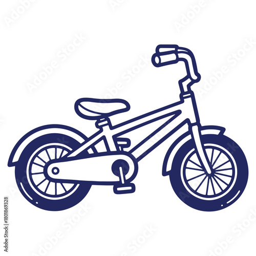 Illustration of a childs bicycle with a simple design and dark blue outline on a white background conveying childhood and recreation