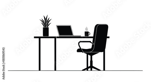 Minimalist silhouette of a modern home office desk with laptop and chair