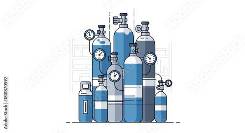 Illustration of various sizes of oxygen tanks with pressure gauges.