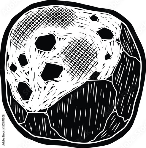 Black and white illustration of a moon with craters and cross hatching eps silhouette