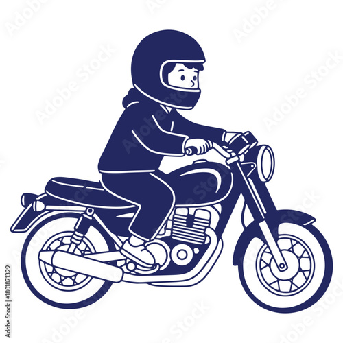 Illustration of a person riding a classic motorcycle wearing a helmet for safety and enjoying the open road lifestyle