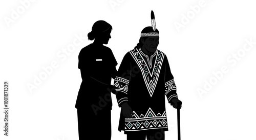 Silhouette of nurse assisting Native American man with cane.