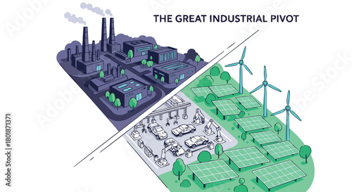 The Great Industrial Pivot: Transition from fossil fuels to renewable energy sources like solar and wind power