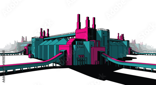A vibrant, stylized illustration presents a sprawling industrial complex with sharp lines and bold colors against a clean, white backdrop, conveying a sense of modern industry.