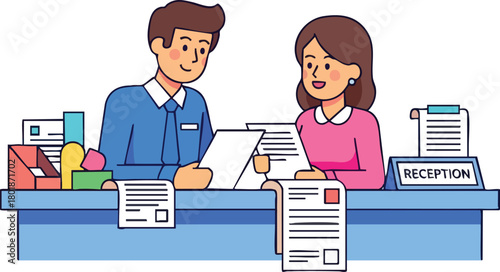 Illustration of a man and woman working at a bank reception desk with paperwork and office supplies on a clean white background.