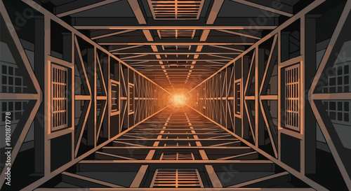 A captivating perspective through a symmetrical tunnel reveals a radiant light at its terminus, creating a sense of depth and intrigue in the architecture.