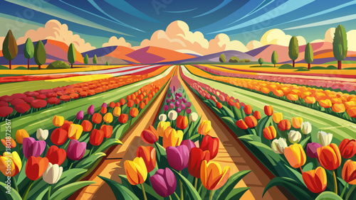 Very beautiful colorful tulip field in full bloom in Cream Ridge, Upper Freehold, New Jersey, featuring vibrant rows of spring flowers stretching across gently rolling farmland beneath soft daylight.