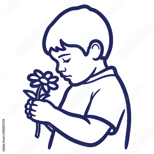 Illustration of a Young Boy Holding and Admiring a Flower in His Hands in a Sweet and Innocence Gesture