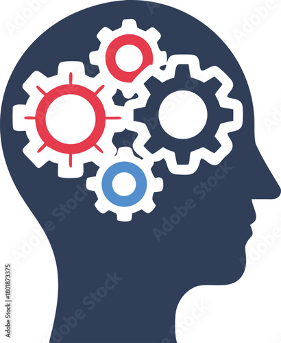 Human head silhouette with internal gears depicting thinking process. Vector