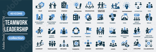 Teamwork and Leadership Icon Set – 40 Professional Business Management, Collaboration, Strategy, Motivation, Training, Guidance, and Corporate Development Vector Icons