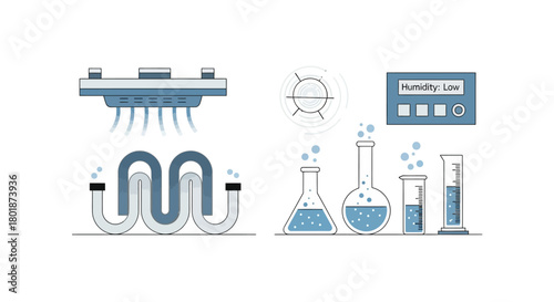 Illustration of laboratory equipment, including flasks, tubes, and a humidity monitor, in a minimalist style.