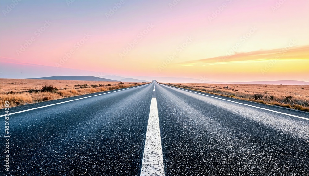 Fototapeta premium An empty, straight asphalt road disappears into the distance under a colorful sunset sky, bordered by dry, golden grass.
