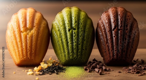 Three colorful madeleine cakes: vanilla, matcha, and chocolate, on a wooden surface.