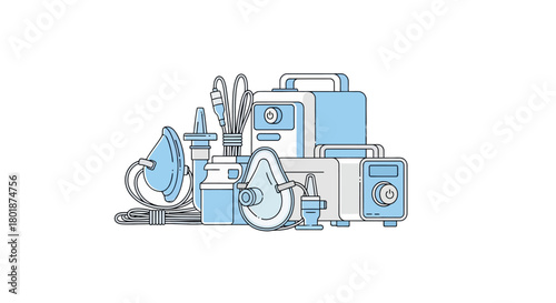 Illustration of medical equipment for respiratory therapy, including masks and machines.