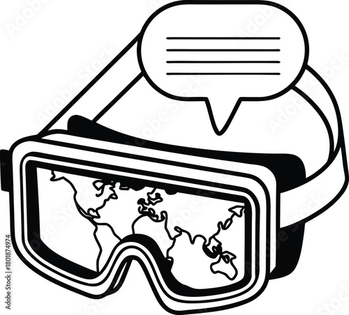Virtual reality goggles with global map and chat bubble icon Vector