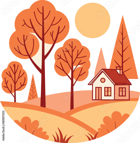 Autumn landscape with a small house, trees, and sun in flat style, Vector