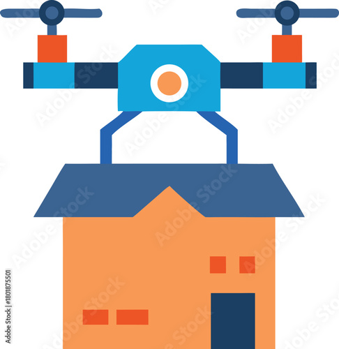 Drone delivers package or house, modern aerial shipping concept Vector