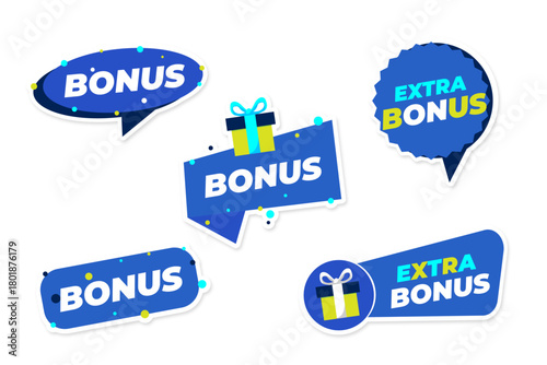Set of blue modern stickers banners with gift bonuses illustration of bonus stickers