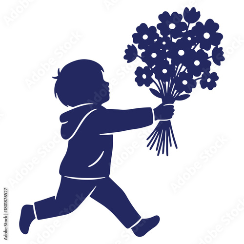 Running boy with a bouquet of flowers in silhouette style graphic design for childrens illustrations and greeting cards