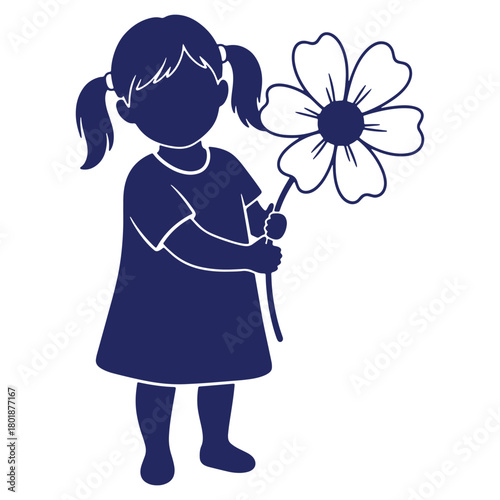 Silhouette of a little girl holding a flower in navy blue vector illustration on white background design for children and innocence