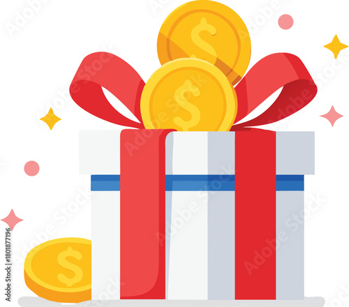 A gift box with a red ribbon and gold coins vector