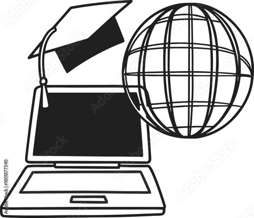 Online Education Laptop Globe Graduation Cap Vector Icon