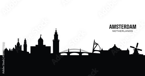 Black silhouette of amsterdam skyline with iconic landmarks