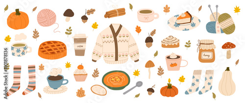 Set of hand drawn cozy autumn elements. Cute sweater, knitting, candles, hot drink, pie, pumpkin spice latte, leaves. Comfortable lifestyle, winter and autumn mood. Vector flat illustration.