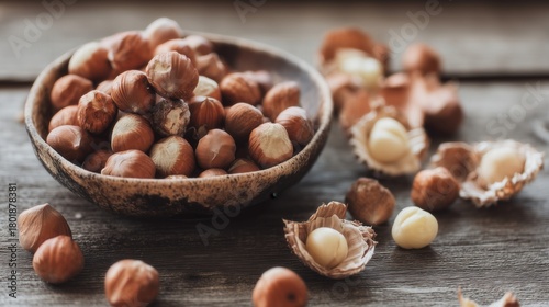 Fresh Hazelnuts in a Bowl with Shells on Wooden Table Close-up. Generative AI