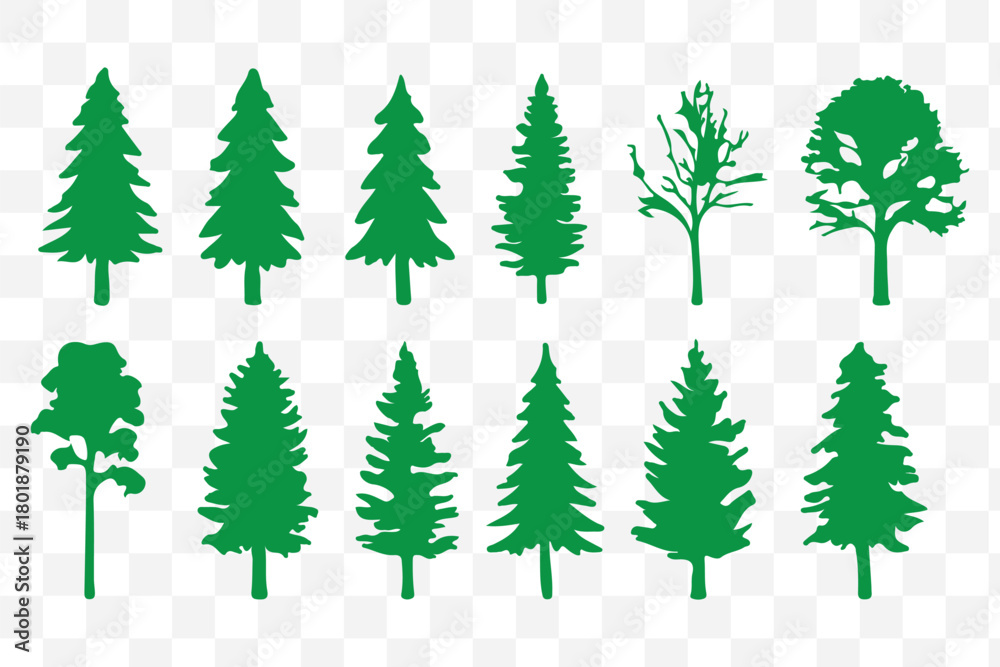 Obraz premium A festive set of winter forest trees, including pine and fir silhouettes, for your Christmas and holiday nature illustrations