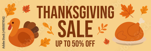 Thanksgiving Sale Horizontal Banner with Turkey, Roast Dish, and Fall Leaves – Flat Vector Illustration