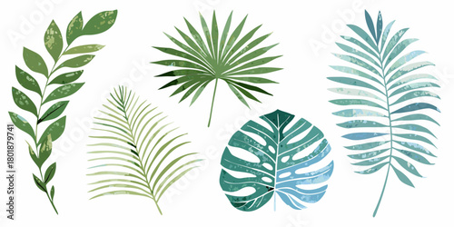 Collection of diverse tropical palm leaves and foliage in shades of green and blue watercolor texture