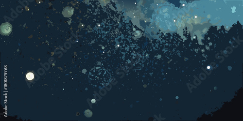 Abstract watercolor painting of a dark blue starry night sky with celestial bodies and cosmic clouds