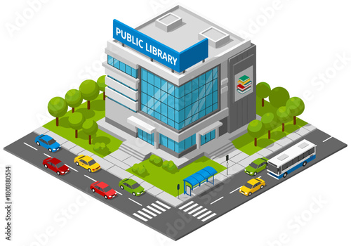 Isometric view of a modern public library building with cars and a bus stop on a city street surrounded by greenery, an illustration representing community services and education