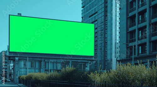 Large green screen billboard in a modern city with tall buildings and clear sky, perfect for advertising mockups and promotional content.