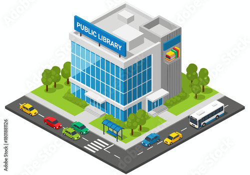 Isometric public library building exterior with surrounding street, cars, bus stop, and trees in a vibrant urban setting