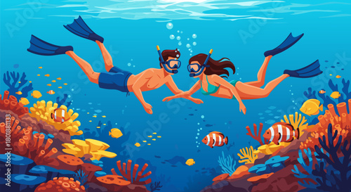 Couple snorkeling in the sea near the colorful coral reef, enjoying summer vacation in the ocean c