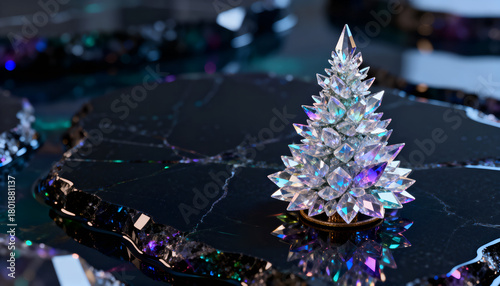 Christmas tree grown from crystal shards on a dark obsidian surface. Fantasy theme.