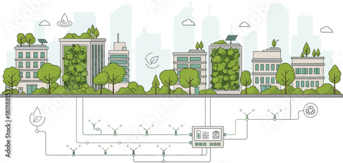Ecofriendly cityscape with green buildings and smart technology