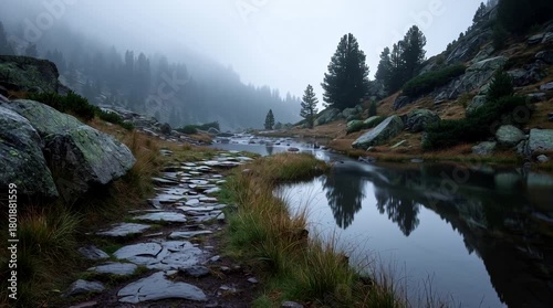 Misty Mountain Stream with Stone Path and Pine Trees Reflecting in Water.