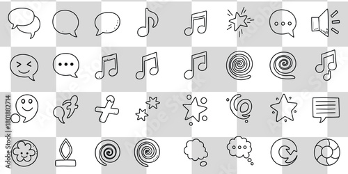 Charming doodle icons of speech bubbles, music notes, stars, and playful symbols for communication and joy