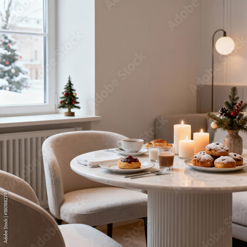 Modern holiday breakfast table setting, Scandinavian minimalist style, neutral warm colors, cozy winter boutique hotel interior with copy space, concept for festive banner or presentation.