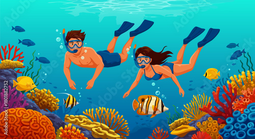 Vibrant Underwater Exploration A Snorkeling Adventure with Couple Amidst Colorful Coral Reefs and Marine Life