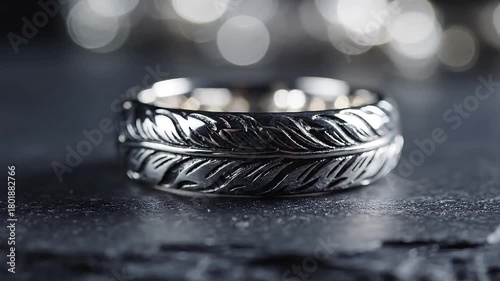 Close up of a silver ring with feather design on a dark surface with bokeh background